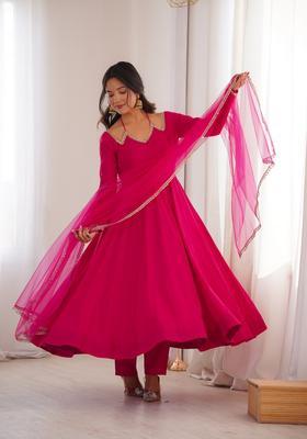 Dark Pink Mirror Work Chanderi Kurta Set