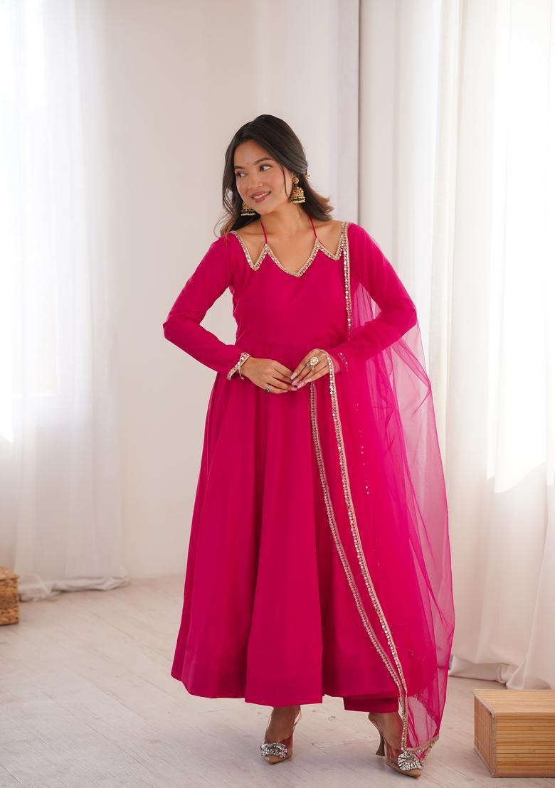 Dark Pink Mirror Work Chanderi Kurta Set - Indya