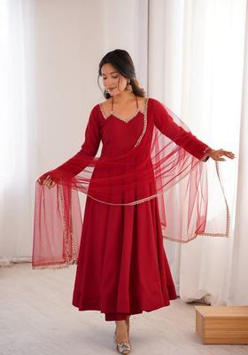 Maroon Mirror Work Chanderi Kurta Set