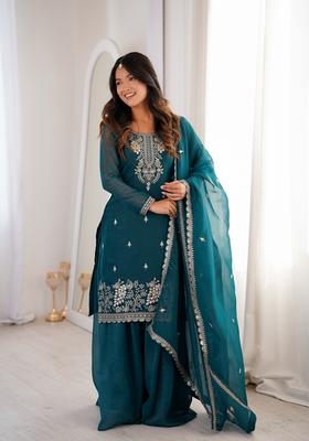 Teal Blue Sequin Work Silk Kurta Set