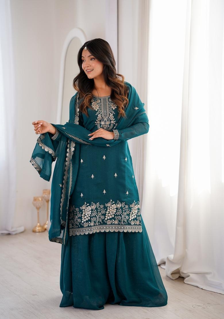 Teal Blue Sequin Work Silk Kurta Set - Indya