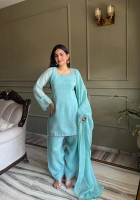 Sky Blue Border Work Silk Kurta Set