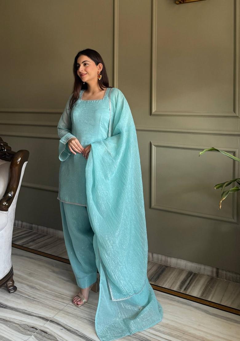 Sky Blue Border Work Silk Kurta Set - Indya