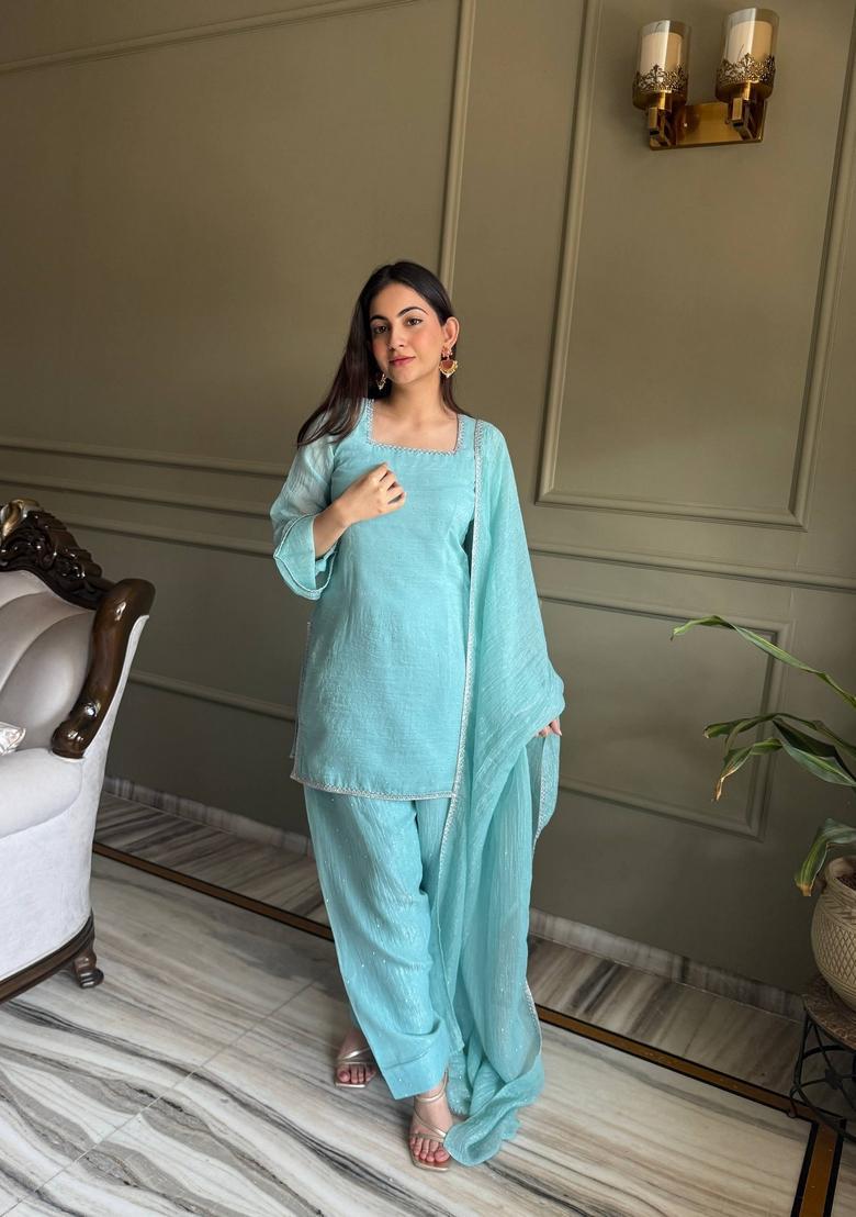 Sky Blue Border Work Silk Kurta Set - Indya