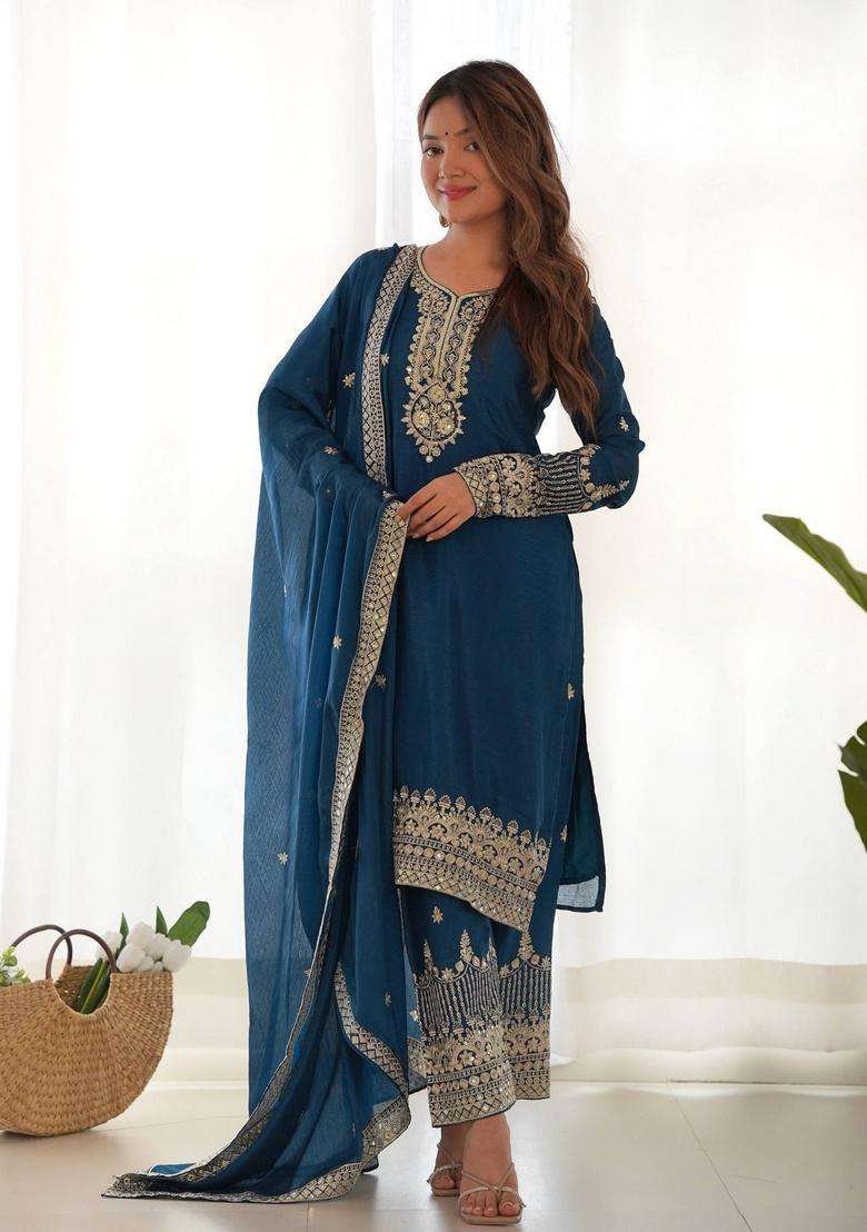 Teal Blue Sequin Work Silk Kurta Set - Indya