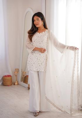 Off White Sequin Work Silk Kurta Set