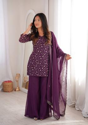 Wine Sequin Work Silk Kurta Set