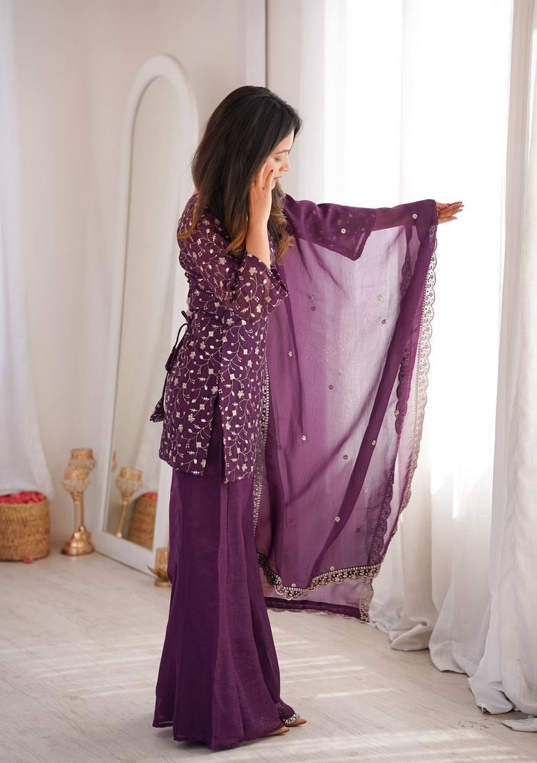Wine Sequin Work Silk Kurta Set - Indya