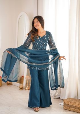 Teal Blue Sequin Work Silk Kurta Set