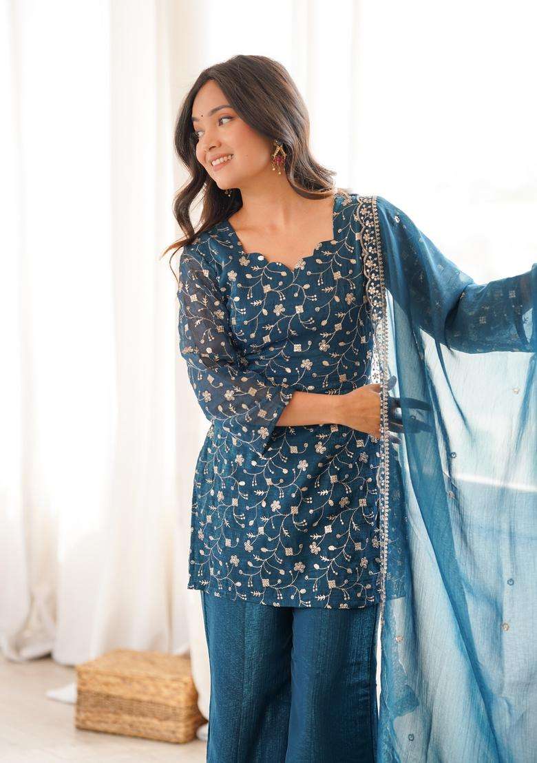 Teal Blue Sequin Work Silk Kurta Set - Indya
