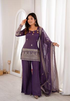 Purple Sequin Work Silk Kurta Set
