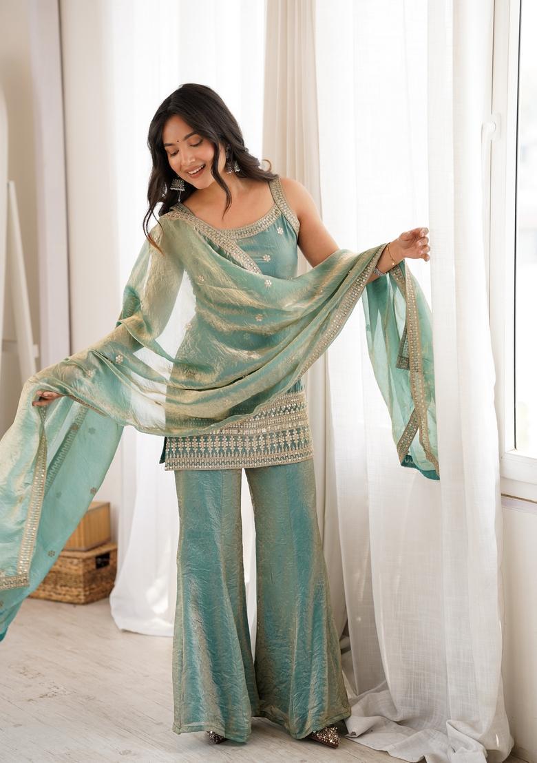Sea Green Sequin Work Silk Kurta Set - Indya