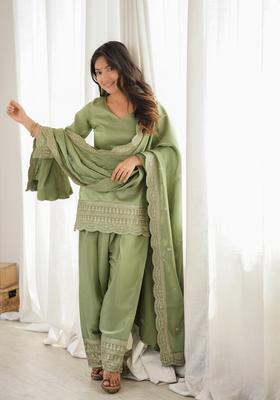 Green Sequin Work Silk Kurta Set