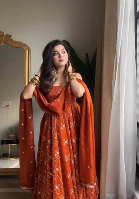 Orange Sequin Work Silk Kurta Set