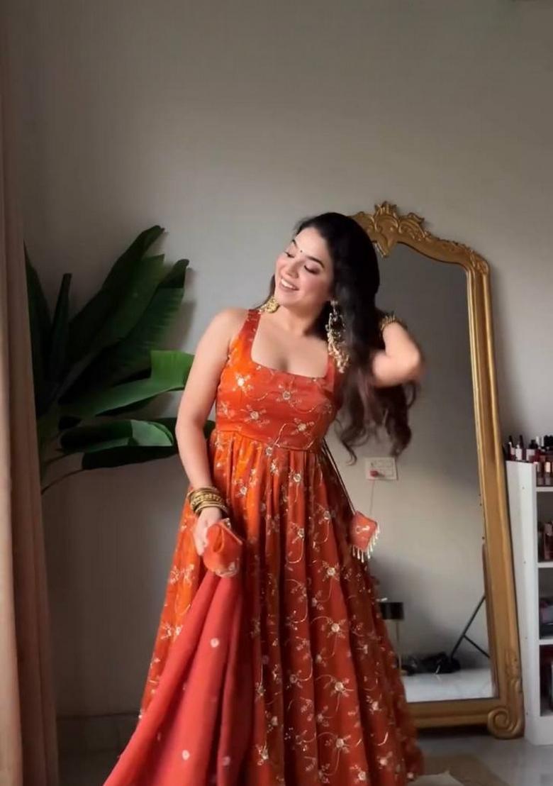 Orange Sequin Work Silk Kurta Set - Indya
