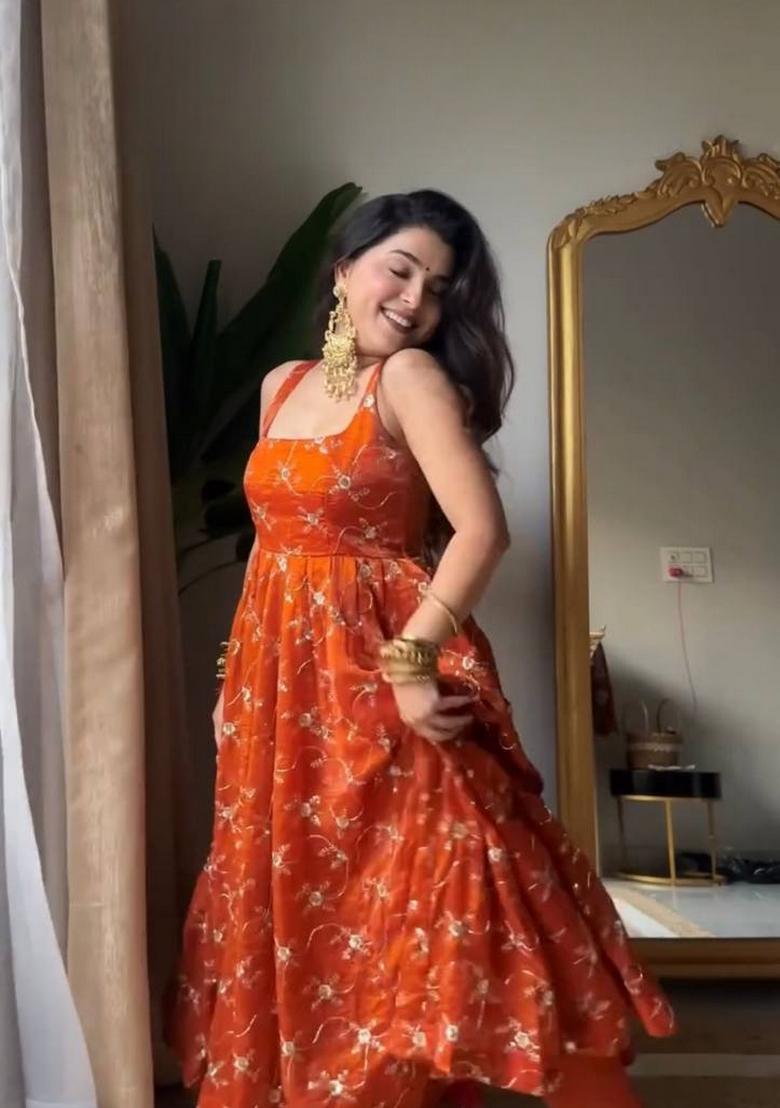 Orange Sequin Work Silk Kurta Set - Indya