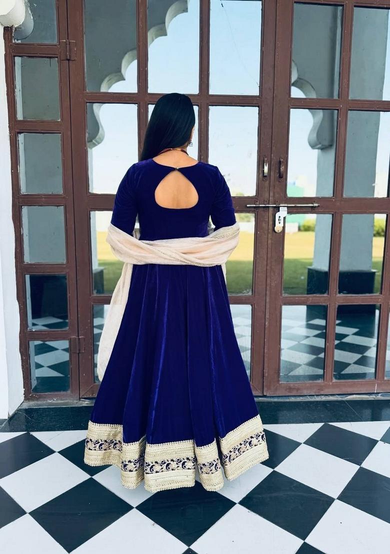 Navy Blue Sequin Work Velvet Kurta Set - Indya