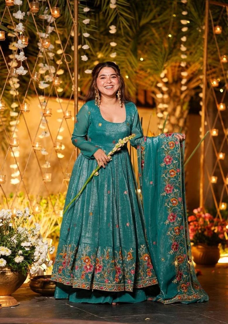 Teal Green Sequin Work Silk Kurta Set - Indya