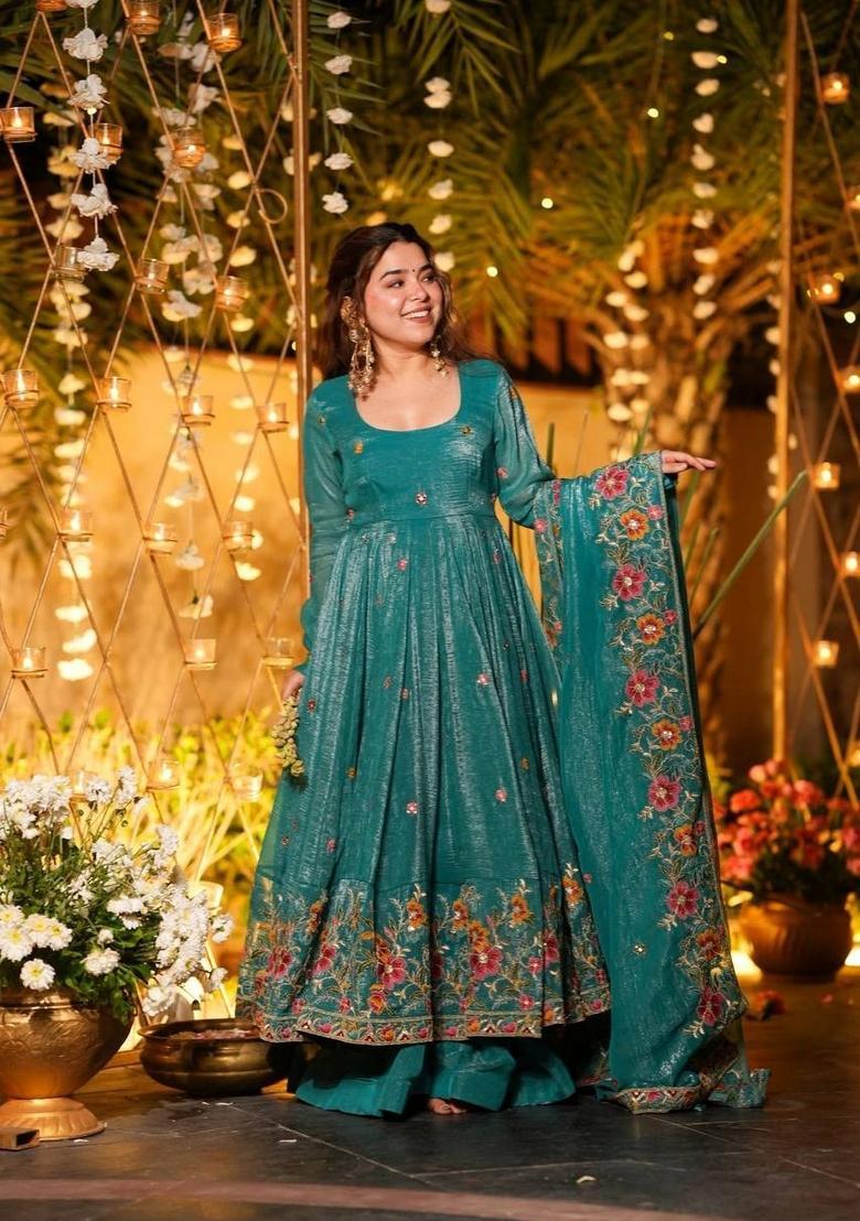 Teal Green Sequin Work Silk Kurta Set - Indya