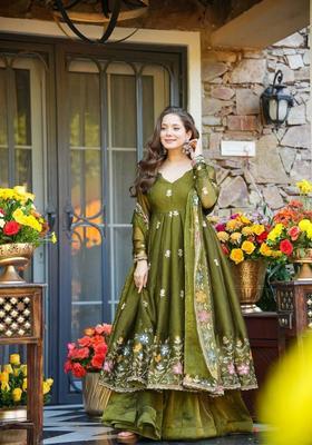 Olive Sequin Work Silk Kurta Set
