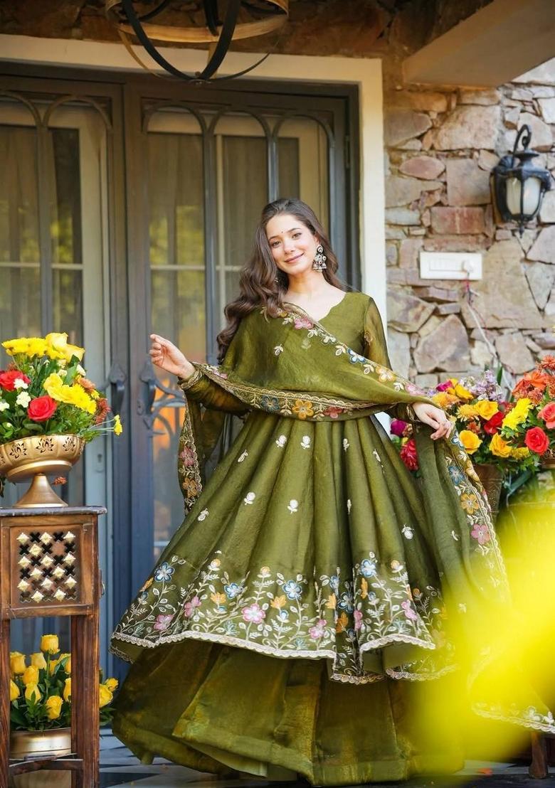 Olive Sequin Work Silk Kurta Set - Indya
