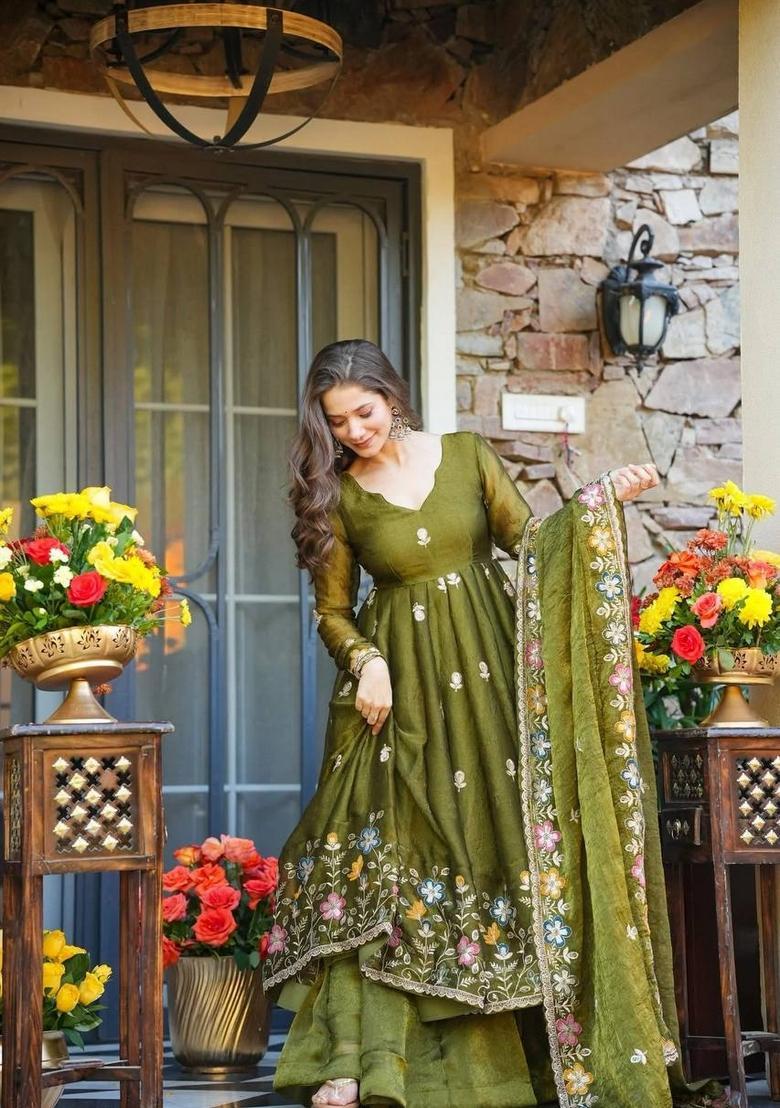 Olive Sequin Work Silk Kurta Set - Indya