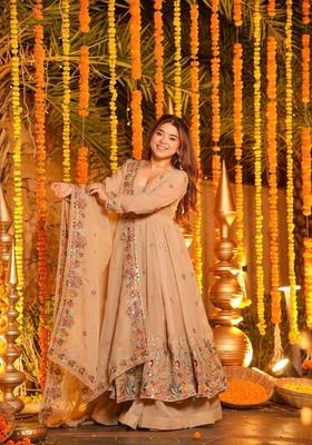 Beige Sequin Work Silk Kurta Set