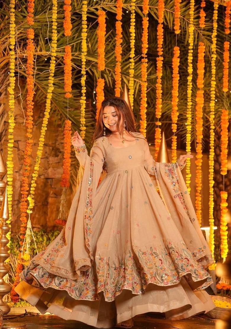 Beige Sequin Work Silk Kurta Set - Indya