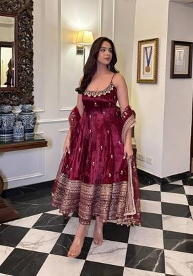 Maroon Sequin Work Silk Kurta Set