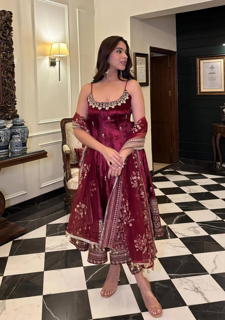 Maroon Sequin Work Silk Kurta Set - Indya