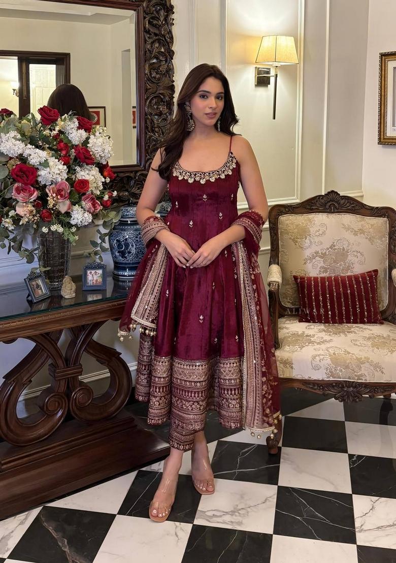 Maroon Sequin Work Silk Kurta Set - Indya