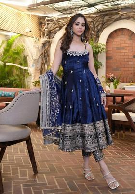 Blue Sequin Work Silk Kurta Set