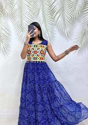 Royal Blue Mirror Work Georgette Navratri Gown