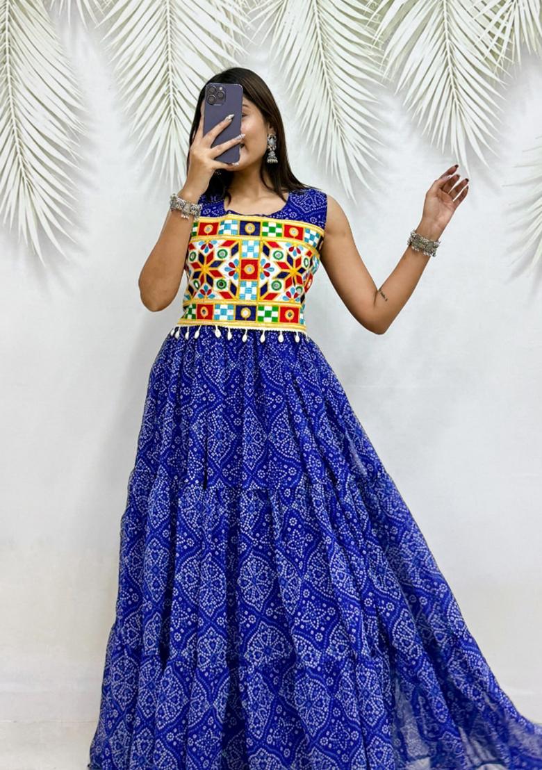 Royal Blue Mirror Work Georgette Navratri Gown - Indya