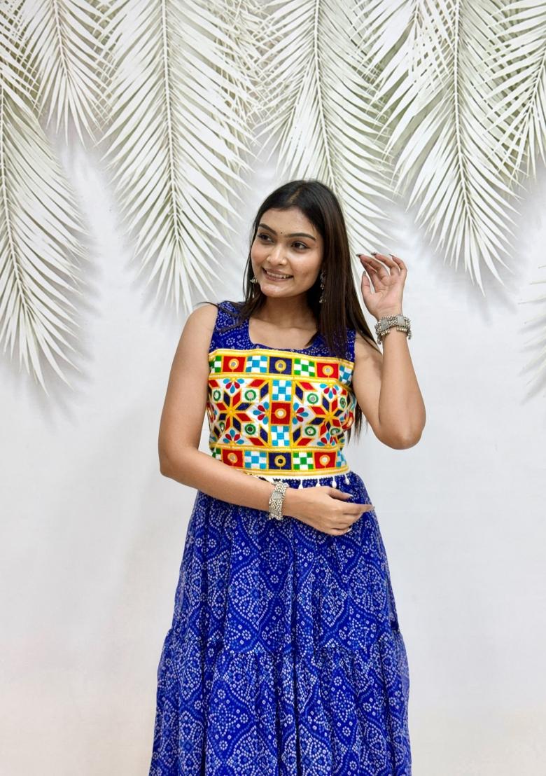 Royal Blue Mirror Work Georgette Navratri Gown - Indya