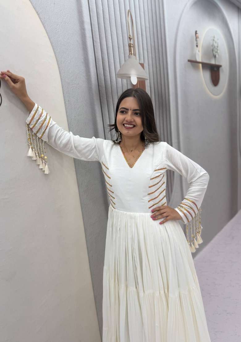 White Gota Patti Cotton Navratri Gown - Indya