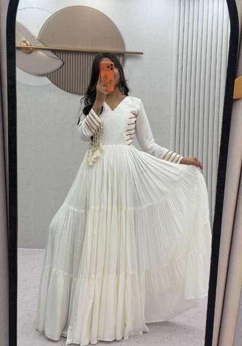 White Gota Patti Cotton Navratri Gown