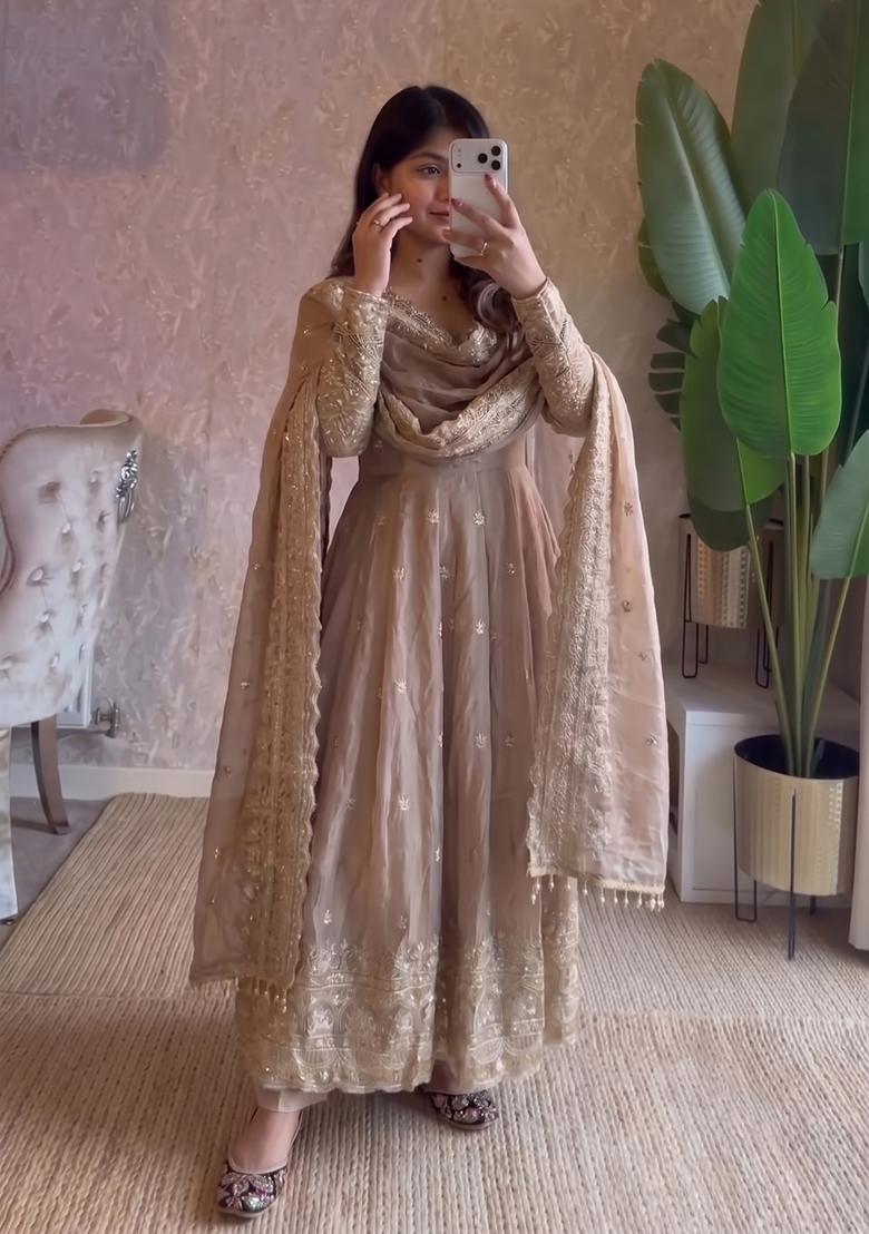 Cream Embroidered Silk Kurta Set - Indya