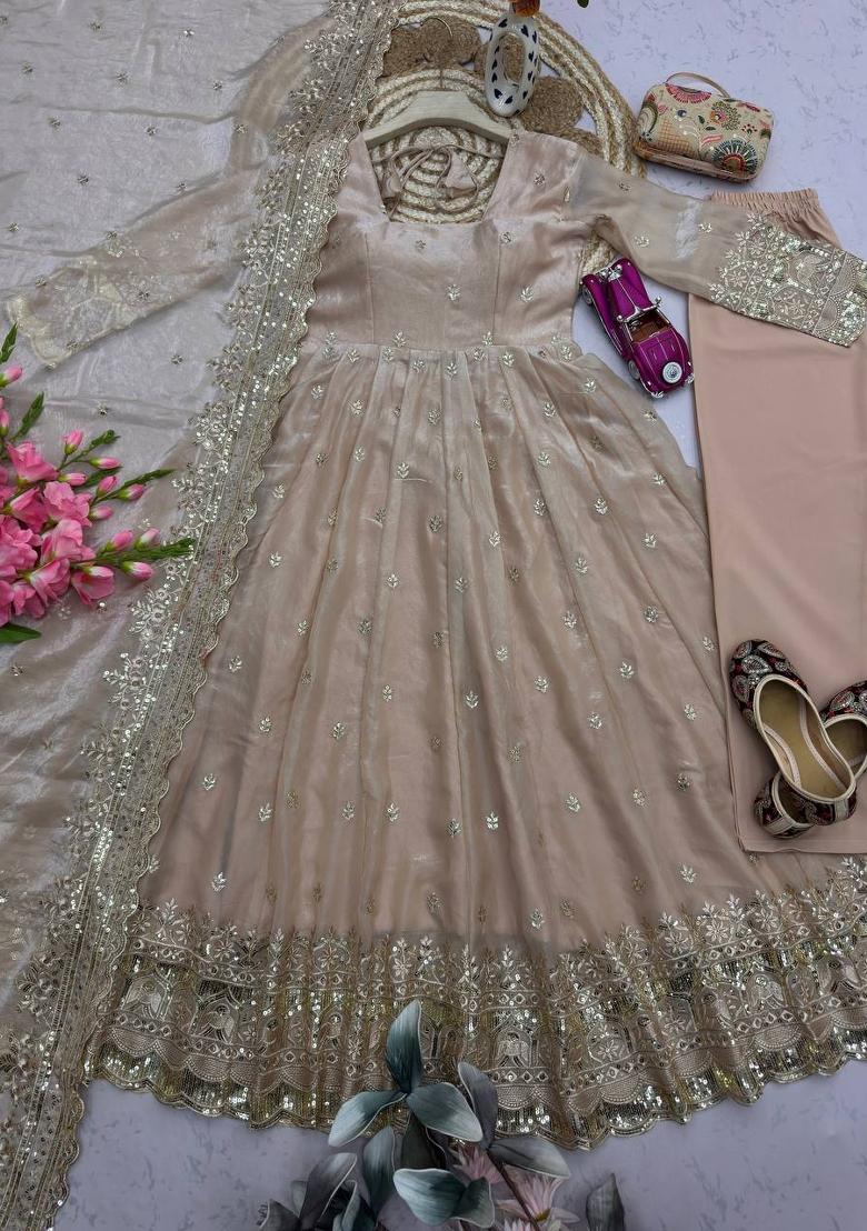 Cream Embroidered Silk Kurta Set - Indya