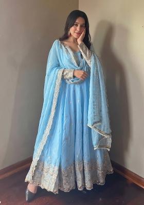 Sky Blue Embroidered Silk Kurta Set