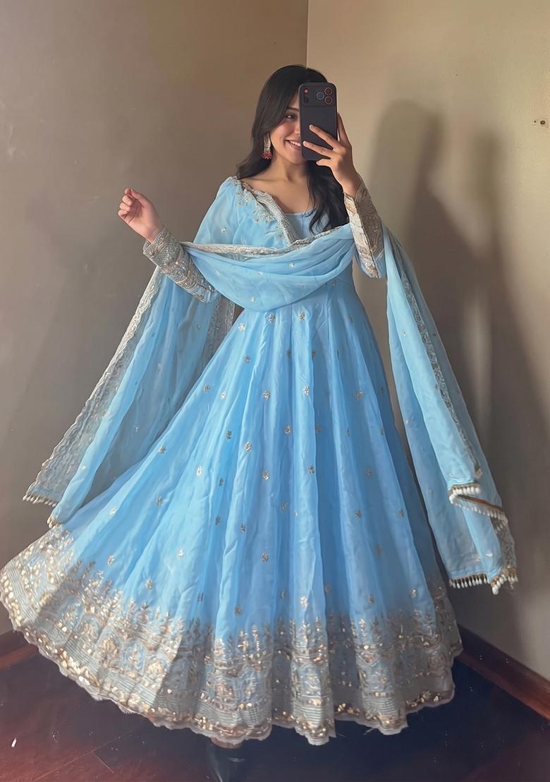 Sky Blue Embroidered Silk Kurta Set - Indya