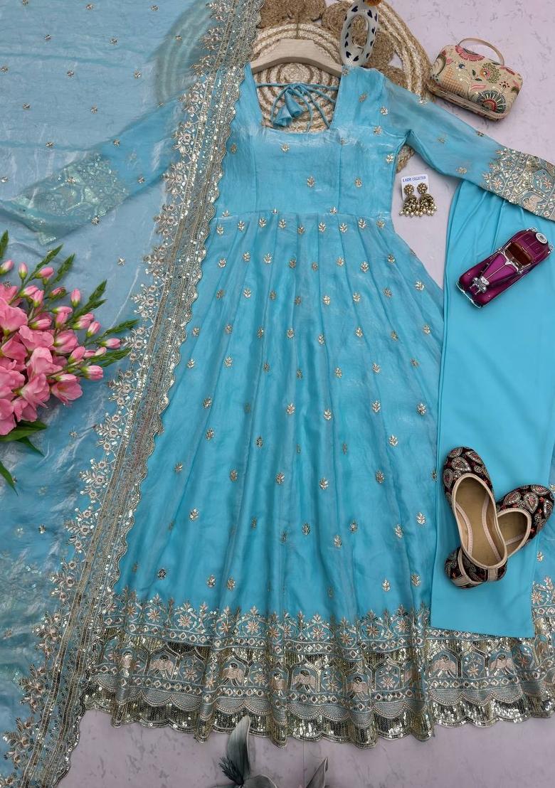 Sky Blue Embroidered Silk Kurta Set - Indya