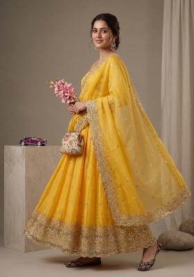 Yellow Embroidered Silk Kurta Set