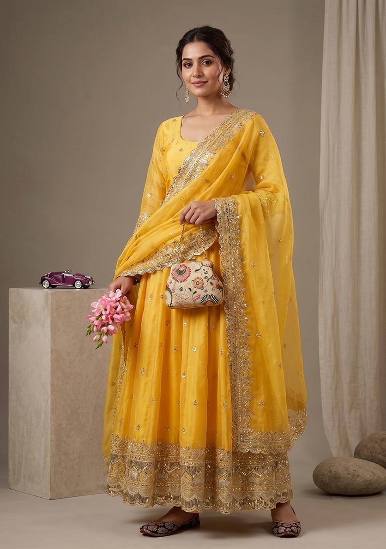 Yellow Embroidered Silk Kurta Set - Indya