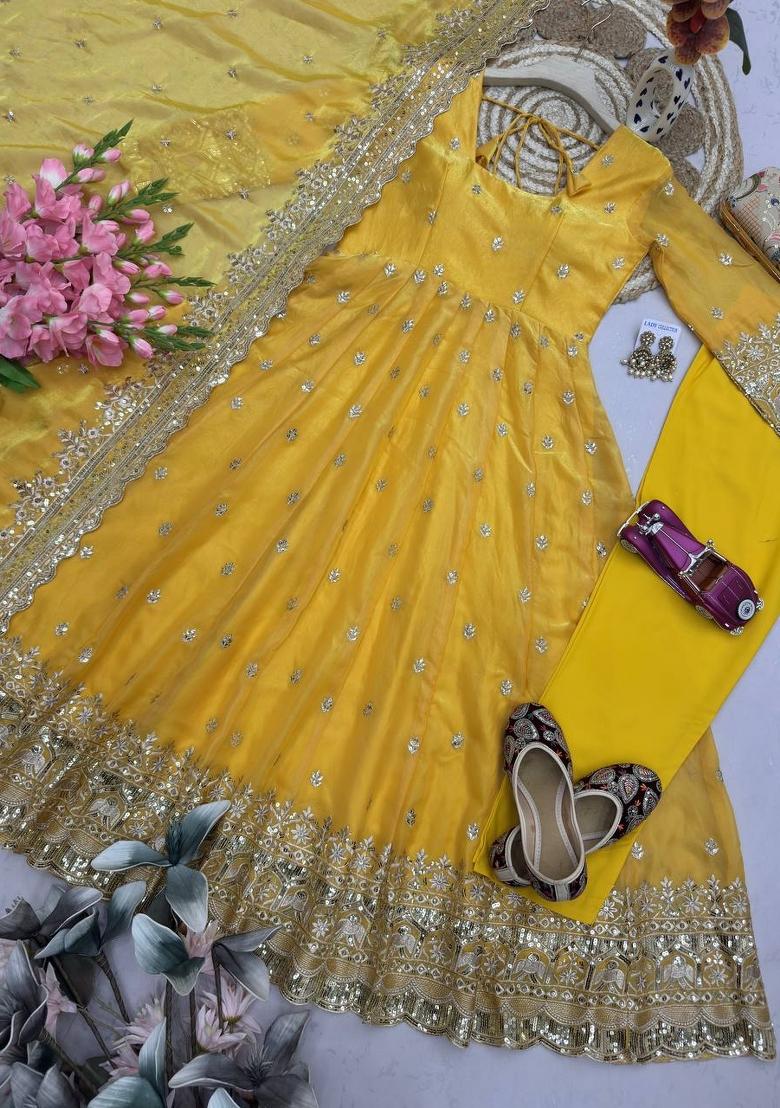 Yellow Embroidered Silk Kurta Set - Indya