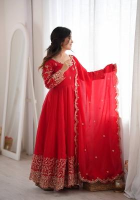 Red Embroidered Silk Kurta Set