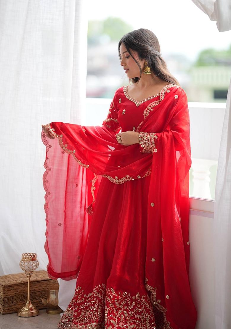 Red Embroidered Silk Kurta Set - Indya
