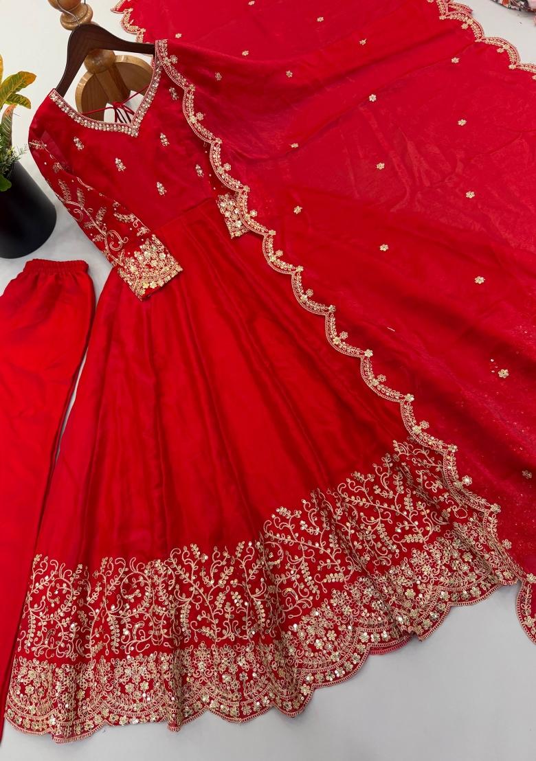 Red Embroidered Silk Kurta Set - Indya