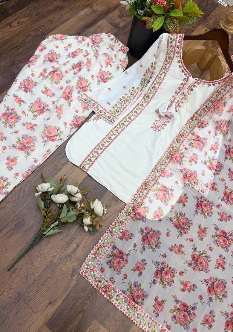 White Embroidered Crepe Kurta Set - Indya