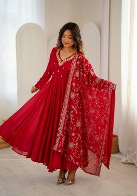 Red Embroidered Georgette Kurta Set